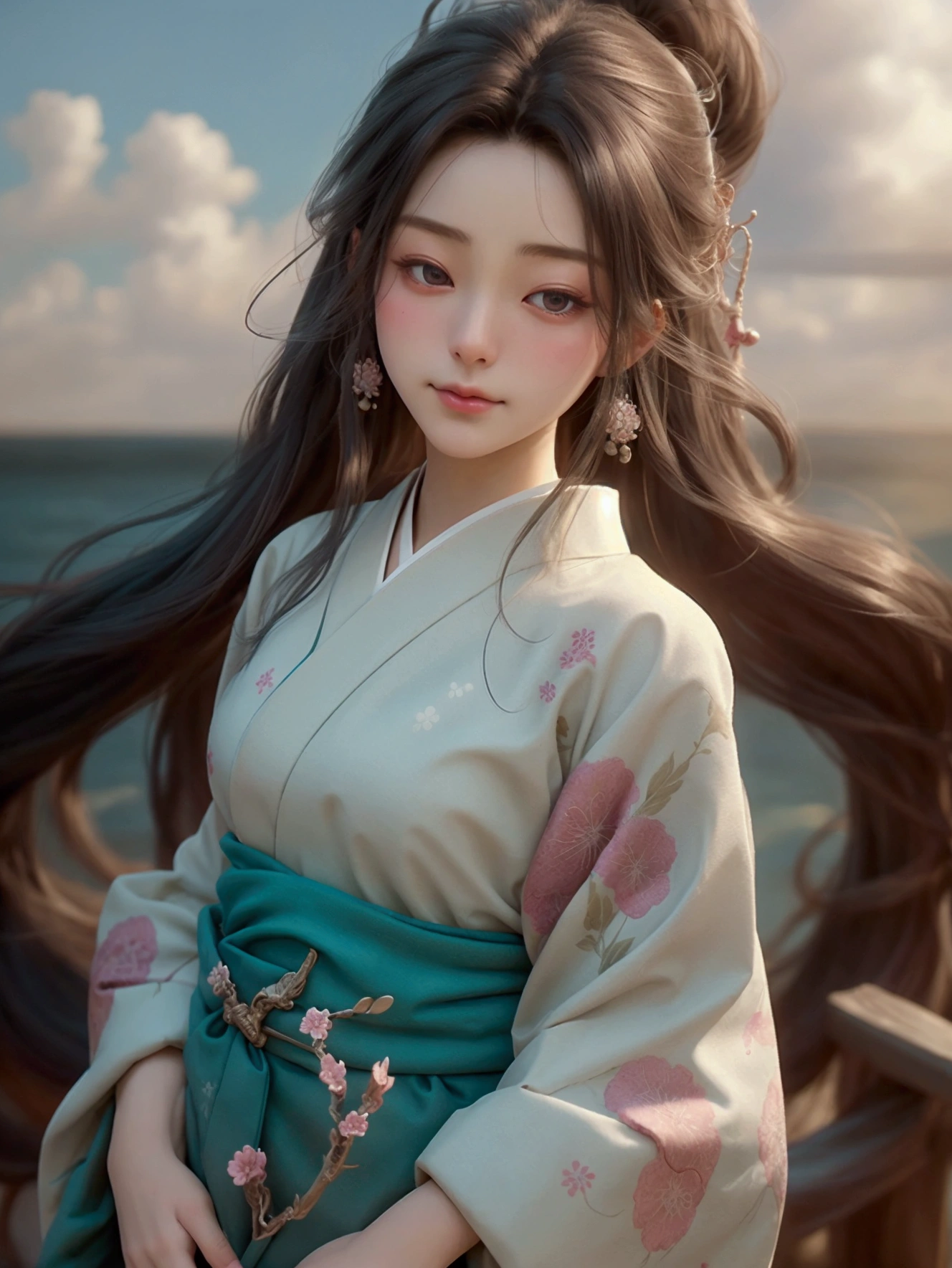 A mystical and divine image captured from an overhead perspective with a wide-angle lens, featuring a beautiful woman standing gracefully against a backdrop of a sea of clouds. She is wearing a traditional Japanese kimono, intricately detailed with delicate patterns, flowing elegantly as she spreads her arms wide open, creating a sense of serenity and power. The kimono’s fabric softly billows in the wind, with the colors blending harmoniously with the ethereal sky. The woman’s face is calm and composed, her eyes gently closed or gazing forward with a subtle, serene smile. Her long hair flows gracefully, adding to the otherworldly atmosphere. The background of the vast cloudscape is bathed in soft, heavenly light, enhancing the divine quality of the scene. The overall image radiates a sense of peace, spirituality, and timeless beauty, capturing the essence of traditional Japanese elegance in a surreal and awe-inspiring setting.