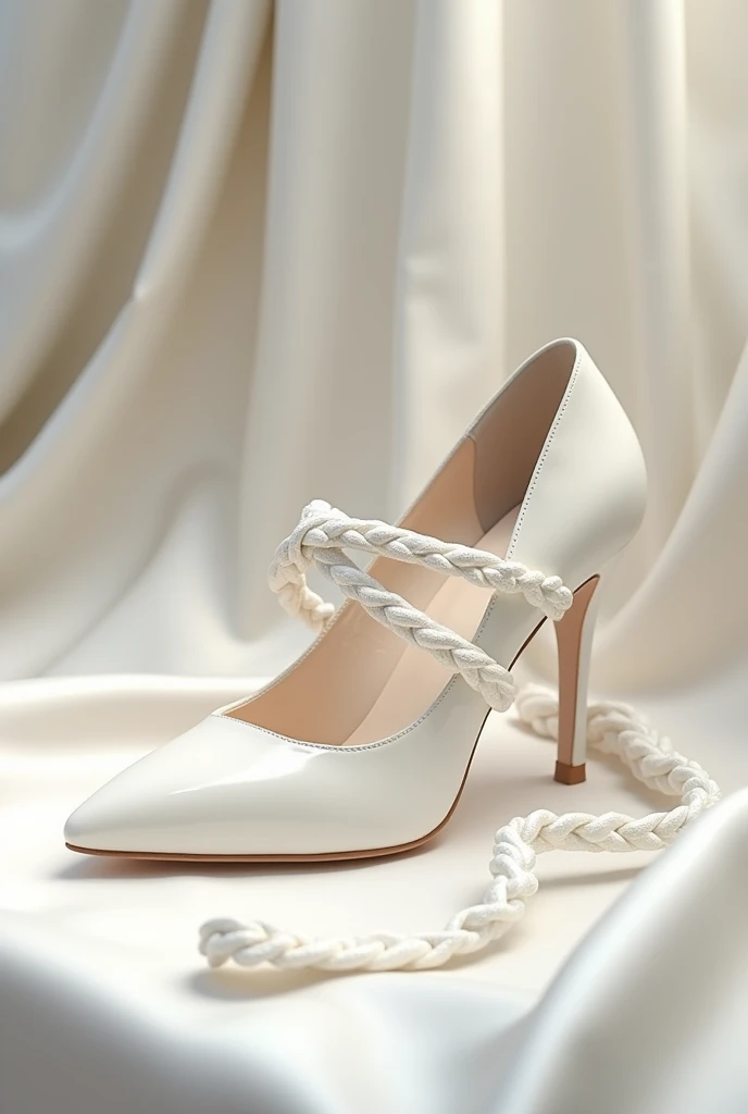 White pump shoe with braided ribbons, elegant, luxurious, delicate
