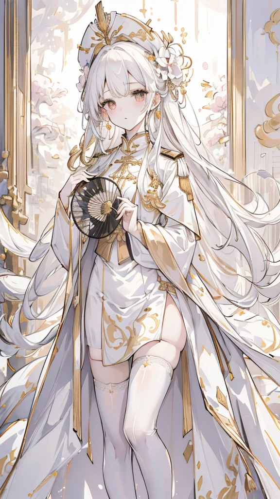 (best quality, High resolution, Super detailed:1.2), beautiful long white hair, Stunning golden eyes, Beautifully designed white folding fan, Bailongjiao, elegant lights, pastel color palette，White military uniform and gold trench coat，white stockings