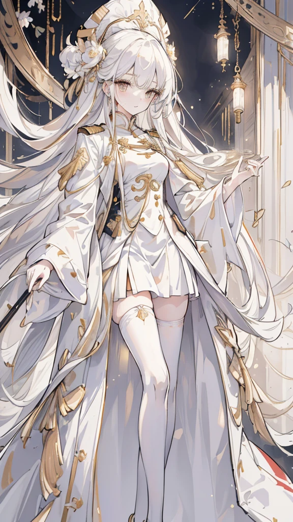 (best quality, High resolution, Super detailed:1.2), beautiful long white hair, Stunning golden eyes, Beautifully designed white folding fan, Bailongjiao, elegant lights, pastel color palette，White military uniform and gold trench coat，white stockings