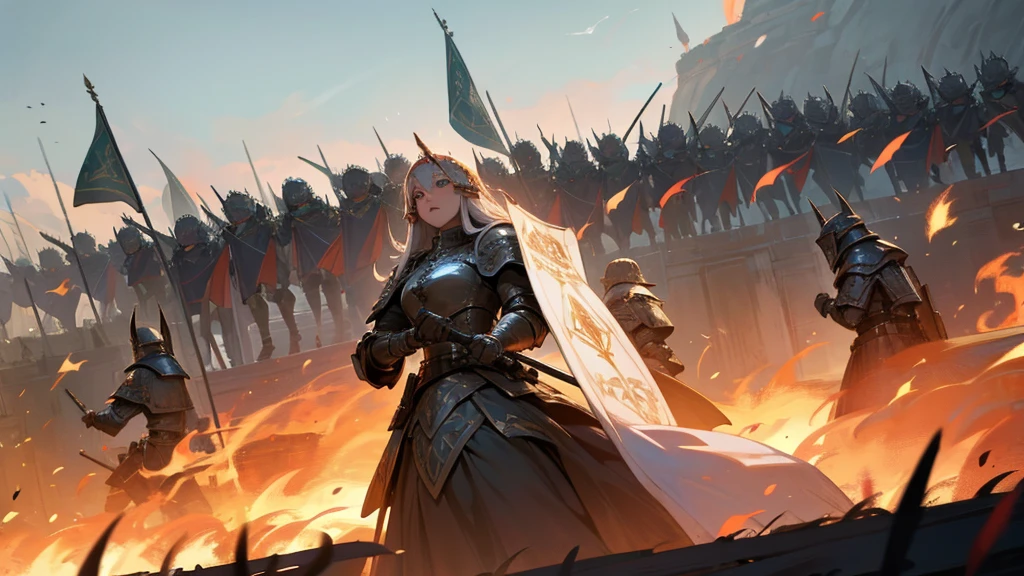 The heavily armored Elven army marches in tight formation with raised banners across the burning fields.