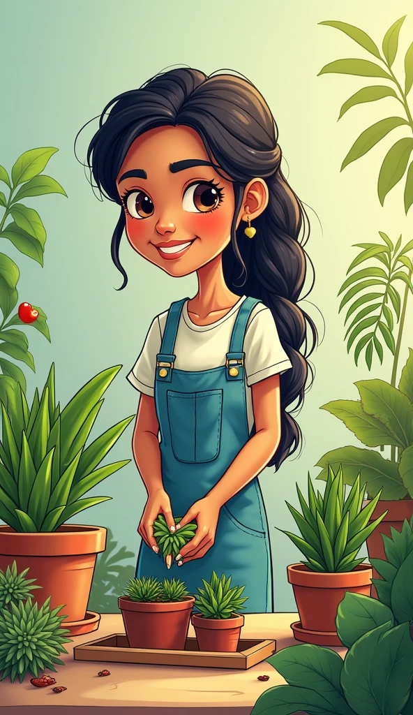 Create in the style of viral real cartoon digital illustration in 4K quality, gradually, Ritesh man's art of gardening attracted people's attention. She opened the online plant shop and started selling custom plants, with gardening tips.