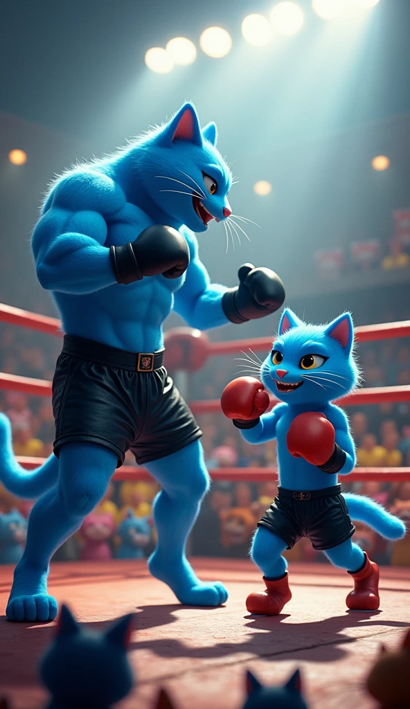 create realistic images A scene inside a boxing ring features two anthropomorphic blue cats: a large, muscular cat stands proudly beside a smaller, less muscular cat, both wearing black boxing shorts and gloves. The audience behind them is filled with cheering fans, including more cat characters in the foreground. Bright lights illuminate the scene, emphasizing the playful and competitive atmosphere.