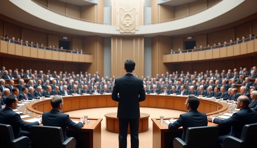 A young Asian man in a suit is speaking to politicians from various countries sitting in a huge circular lecture hall.,Politicians from all over the world are looking at men,No flags appear