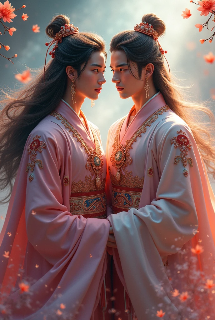 Couple of young mans, (( 1. Emperor outfit 2. Blue ))), flowers, jewelry, long sleeves, wide sleeves, chinese clothes, hanfu, embroidery, long skirt, long flowing  hair, detailed face, detailed beautiful eyes, (intricate:1.3), (arcane aura:1.2), (dreamlike: 1.3), (subtle mist:1.1), (vibrant colors: 1.2), (detailed hair:1.3), (ultra realistic details:1.5),