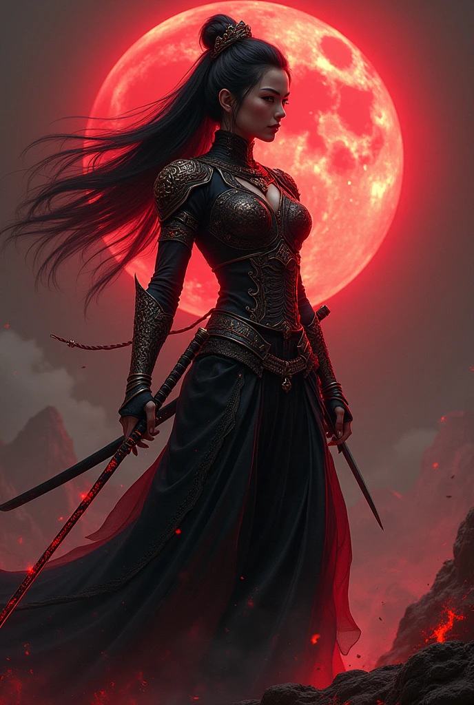 Elden ring, dark fantasy, asian warrior, katana, light armor, woman, black hair, serpent theme outfit, blasphemy, face hidden, dark red colors