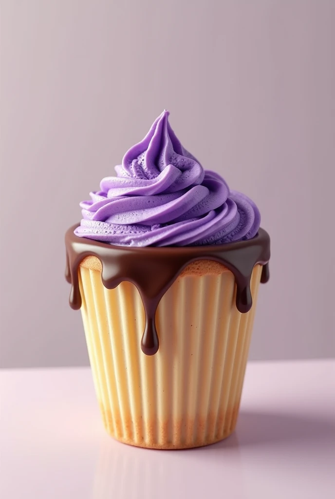 (photorealism:1.2), cookie cup without handle. cup has coffee and taro foam, The cup is of vainilla cookie and has chocolate around the mouth of the cup. The chocolate must be melted just in the contour of the mouth of the cup. The foam muste be purple like the taro. The cup not has a handle. 
remove the cup handle. the cup has shape pf cilinder an do not have a handle. Make the foam like a capucchino but in purple colour as it is.