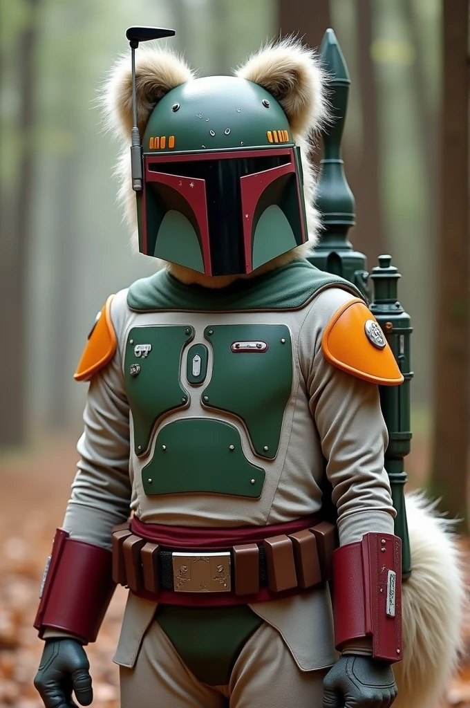 I want an image of Boba Fett with furry features, ears on helmet, fluffy, full-bodied tail