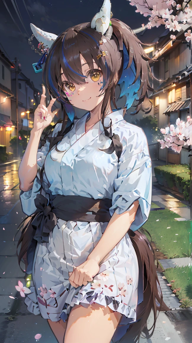 masterpiece, Highest quality, High resolution, Very detailed,(((Daitaku Helios))), (((Horse Girl))), (((smile)))、(((Standing in the distance))), (((yukata))), (((Sidewalk))), (((cherry blossoms))), (((night)))