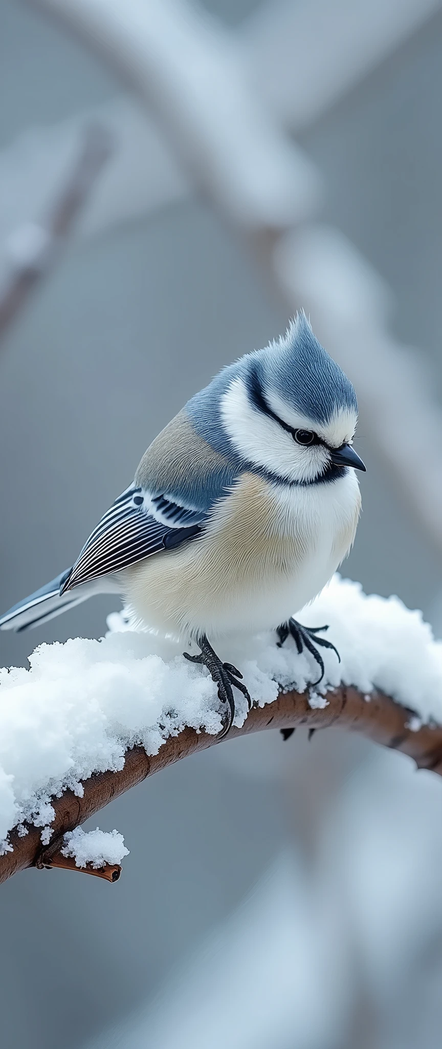 (masterpiece:1.2,Exceptional Quality,mirror-like,Cinematic Experience,Photorealistic,RAW Photos,Super detailed),8k,wallpaper,White Bird,Very small,snowの妖精,Long-tailed Tit,Round body,snow国に生息,snow,cute,perch,Pa and Chilnamic)