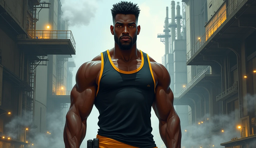 afro, muscular black man with doubt , 1, short black hair with round curls and bright yellow eyes wearing a black and yellow tank top. In a futuristic underground city with gray tones from factory pollution. Above several floating walkways and on top another cleaner city.