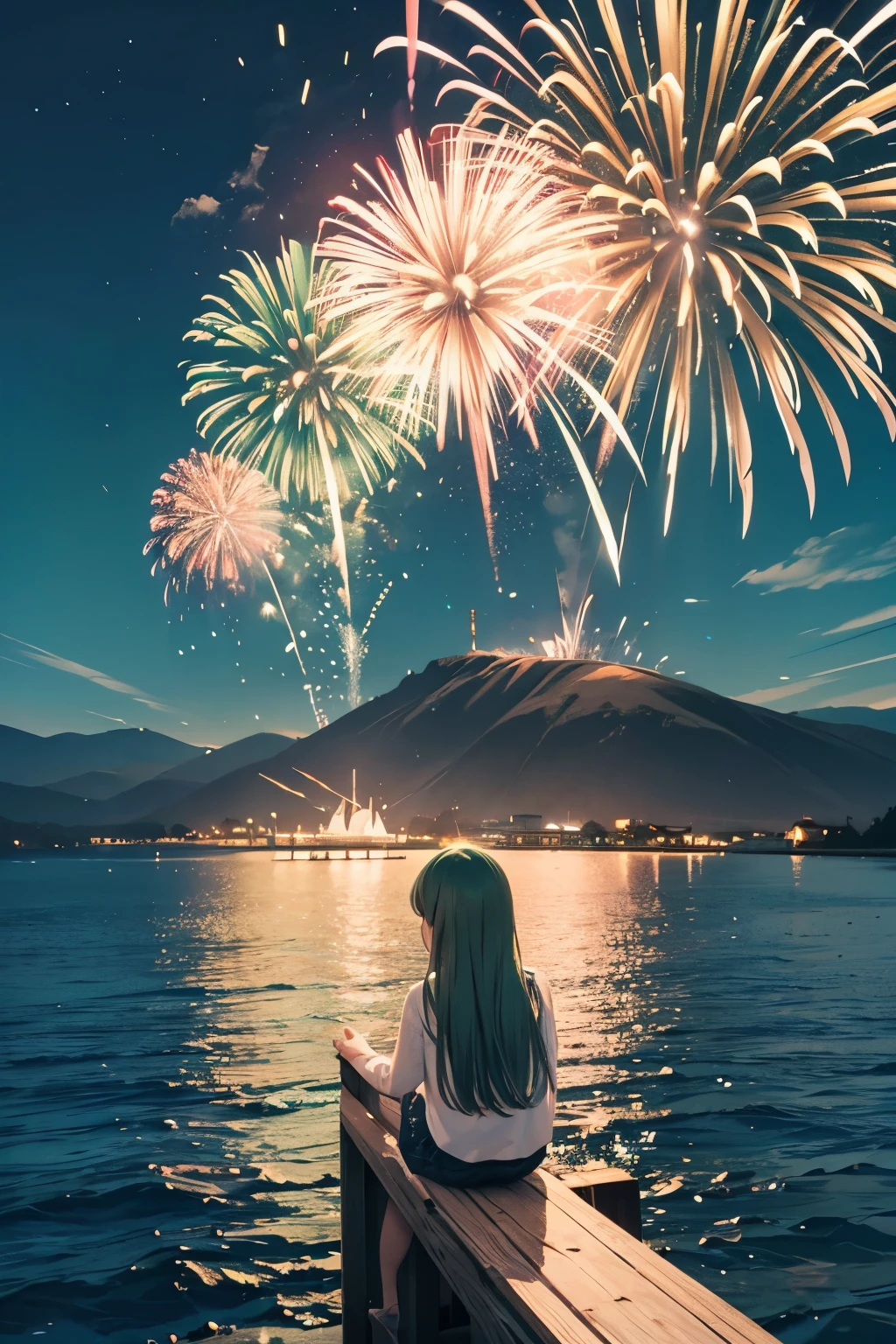 No people, just fireworks, emerald green