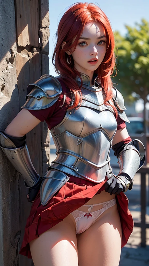 (Warrior: 1.5), (redhead Warrior: 1.3), 1 girl, alone, pretty girl, Young girl, (Redhead), (Green Eyes), Lean, Perfect breasts, Juicy, Pretty face, Narrow waist, Thick legs, Flexible body, (knight armor), (Steel Breastplate, Gauntlet of Steel, Steel Gloves: 1.1), (Red mini skirt: 1.3), (Skirt rolled up alone: 1 1.1), (Skirt rolled up: 1.3), (Showing her white see-through panties: 1.3), Panties with holes, Small mini panties, pubic hair, Thick pussy, Packed, (Camel Toe: 1.2), front, (cowboy pictures), Medieval Fantasy, Dungeons&Dragons, RPG Characters, Highest quality, (masterpiece), Ultra-realistic, 8k, (At S.F.W.: 1.7)