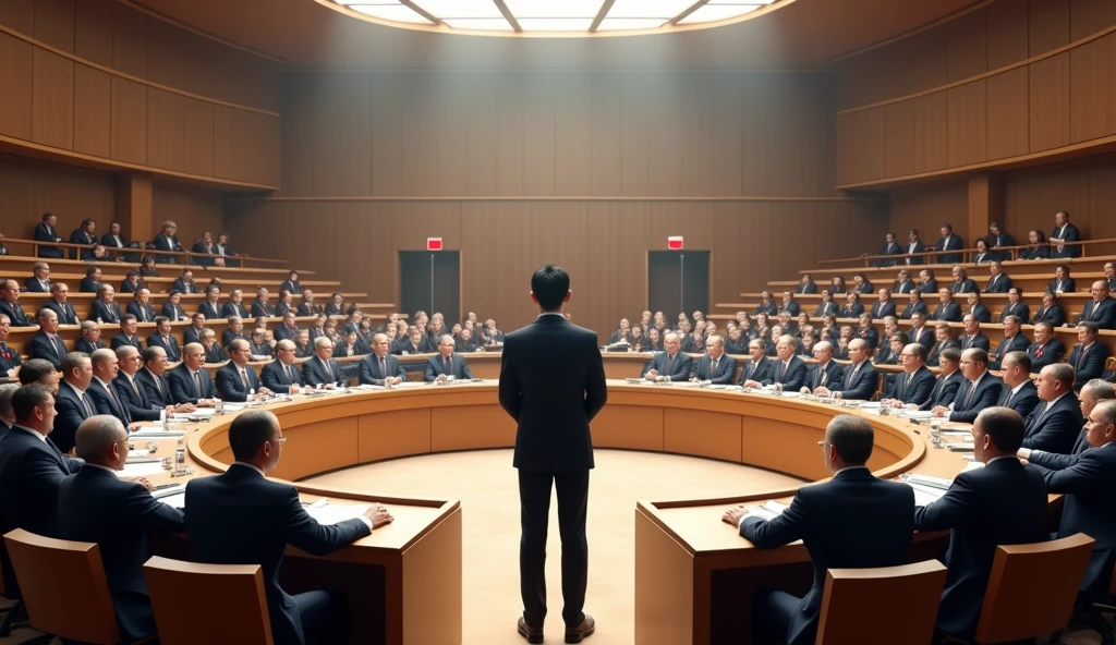 A young Asian man in a suit is speaking to politicians from various countries sitting in a huge circular lecture hall.，Politicians from all over the world are looking at men，No flags appear