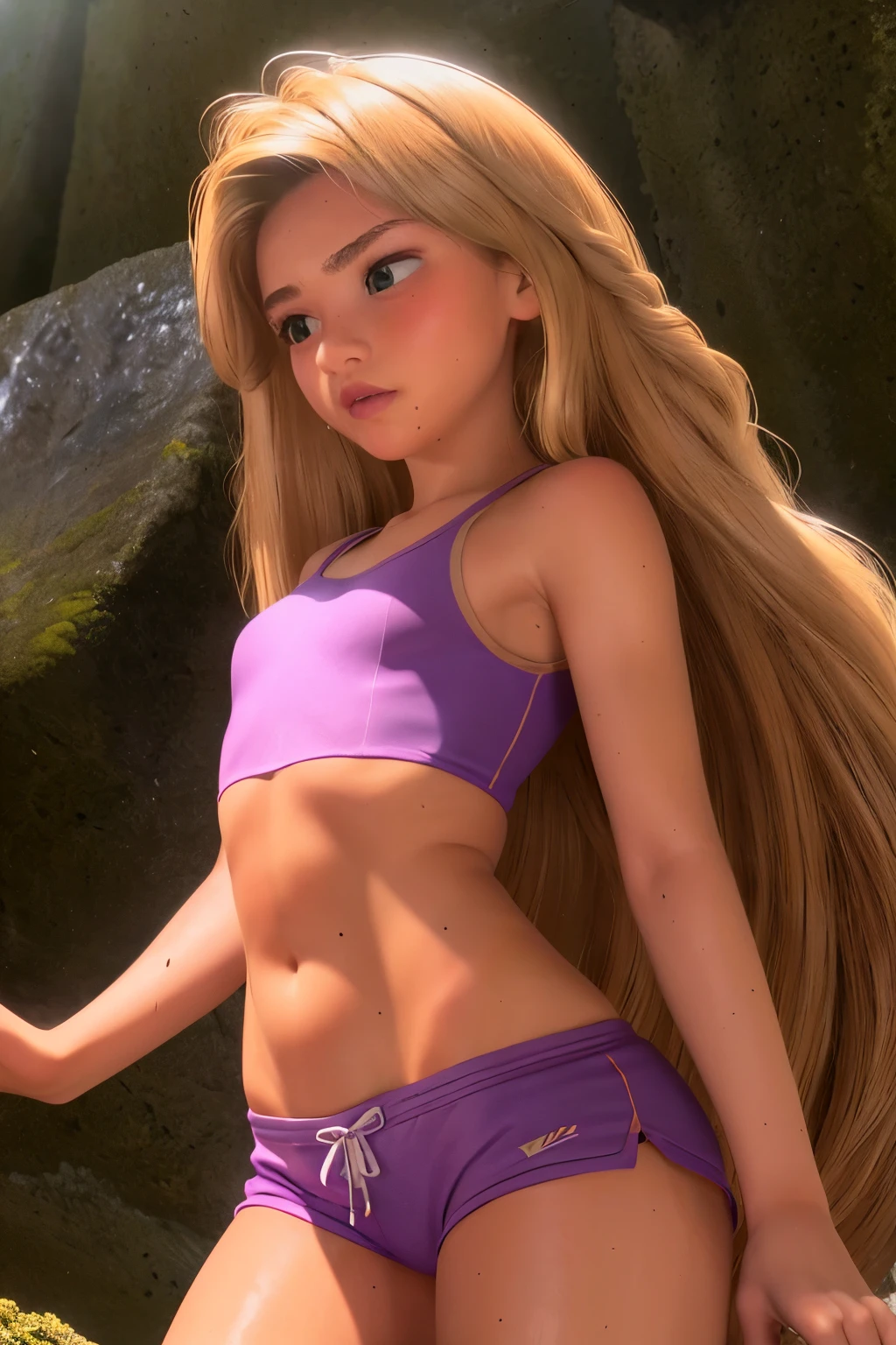 ((Small breasts, tomboy girls, , small head)), nighttime, moonlight, (chiseled abs : 1.1), (perfect body : 1.1), (very long wavy hair : 1.2) , blonde hair, green eyes, collar, full body shot, crowded street, wearing short thin white tanktop, ((purple tight athletic short shorts)), (extremely detailed CG 8k wallpaper), (an extremely delicate and beautiful), (masterpiece), (best quality:1.0), (ultra highres:1.0),  beautiful lighting ,perfect lightning, realistic shadows, [highres], detailed skin, ultra-detailed, wet skin, wet clothes,  wet hair, nude, 