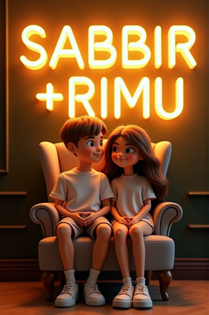 Create a 3D illusion for a profile picture where a 2 cute boy and girl in a white shirt sitting casually on a Wingback chair.Wearing sneakers, he looks ahead. The background features Sabbir+Rimu in big and capital Golden neon light fonts on the dark