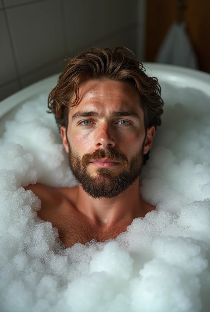 Un portrait hyperréaliste d'un homme de taille moyenne avec une barbe bien taillée et des cheveux châtains clairs, mouillés et épars, se relaxant dans une baignoire remplie de mousse épaisse. Sa peau humide capte la lumière naturelle, qui éclaire doucement son visage, mettant en valeur ses traits masculins et sa barbe. Il regarde directement l'objectif, créant une connexion intime. La scène est capturée avec une faible profondeur de champ (f/1.4) et un objectif de 85mm, garantissant une composition parfaite où l'accent est mis sur son expression sereine, tandis que les bulles de bain et les détails environnants sont légèrement flous en arrière-plan.