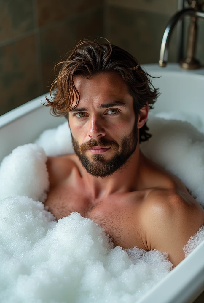 Un portrait hyperréaliste d'un homme de taille moyenne avec une barbe bien taillée et des cheveux châtains clairs, mouillés et épars, se relaxant dans une baignoire remplie de mousse épaisse. Sa peau humide capte la lumière naturelle, qui éclaire doucement son visage, mettant en valeur ses traits masculins et sa barbe. Il regarde directement l'objectif, créant une connexion intime. La scène est capturée avec une faible profondeur de champ (f/1.4) et un objectif de 85mm, garantissant une composition parfaite où l'accent est mis sur son expression sereine, tandis que les bulles de bain et les détails environnants sont légèrement flous en arrière-plan.