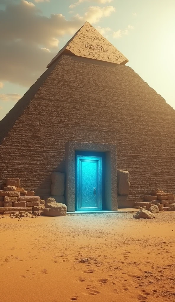 An ancient pyramid in Egypt with a hidden metallic door at its base, glowing with an otherworldly blue light, surrounded by desert sands under a scorching sun