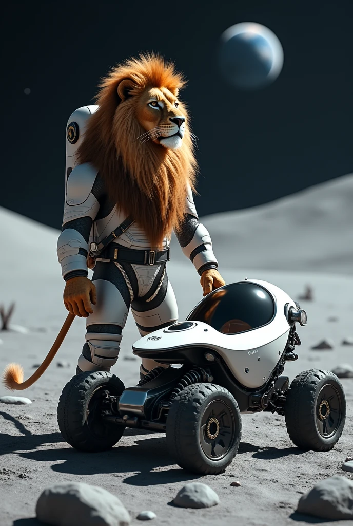 Lion with space suit and stand next to a space rover in moon