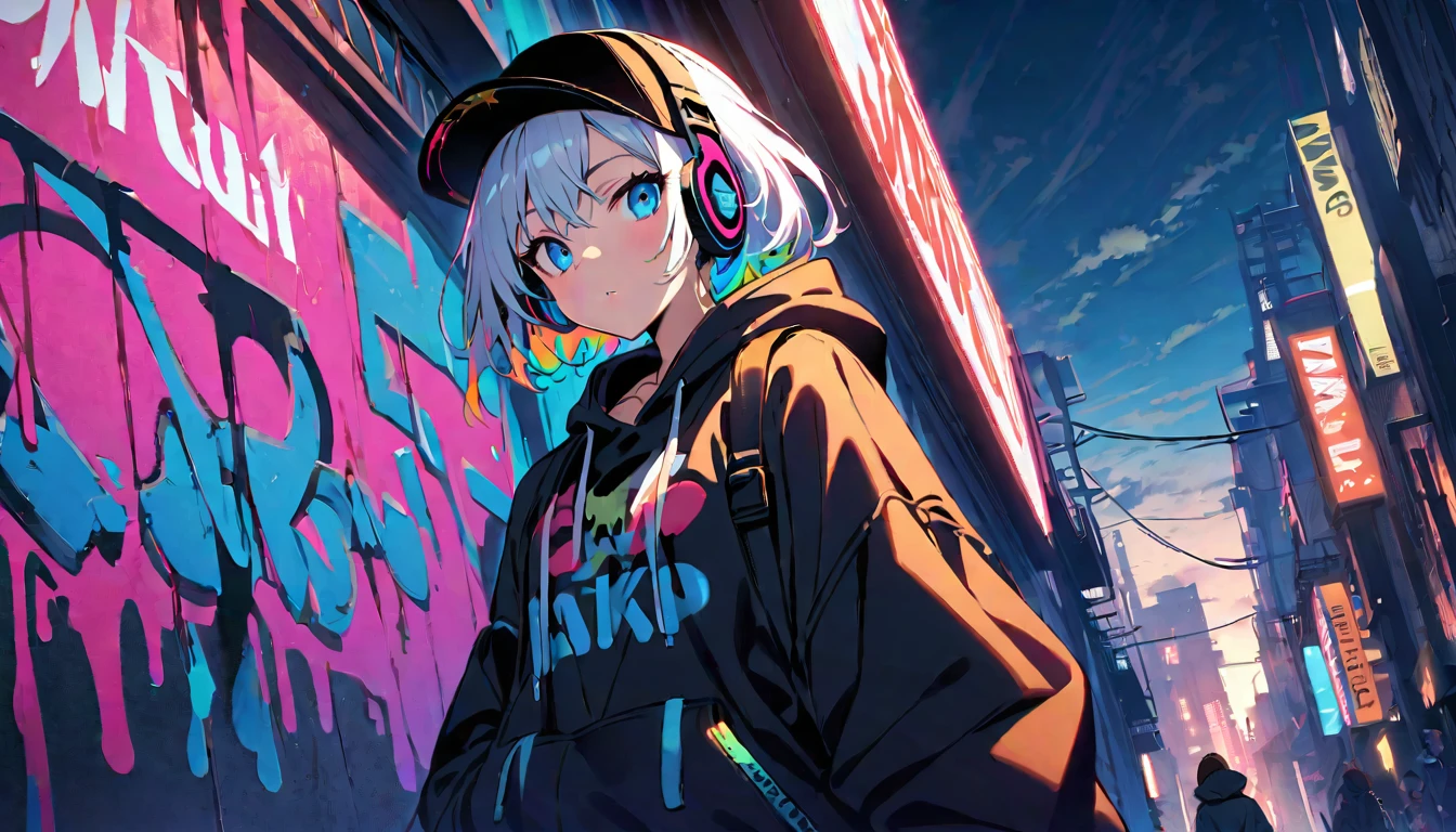 HD 8k Handsome sexy cute, Solitary, 1 female, Medium Length Hair, white hair, Rainbow hair, blue Eyes, Rainbow headphone, hoodie, colored hoodie, black Trucker Hat, hip-hop style big hooded jacket denim shorts, sneakers, Human focus, outdoor, Night Neon Tokyo, White clouds, graffiti real Popularity spray art wall,