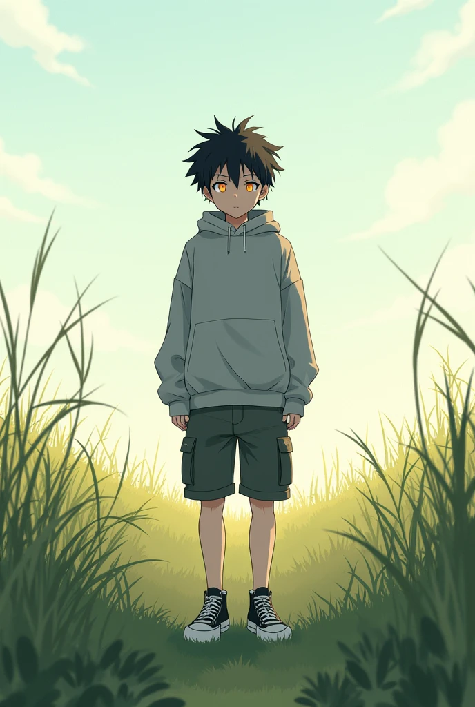 Japanese teenage boy wearing an oversized grey sweater. The sleevers hide his hands. He is wearing a cargo short and black converse. The boy have short black messy hair. He have pale orange eyes. He stands in the middle of the grass a windy day.
