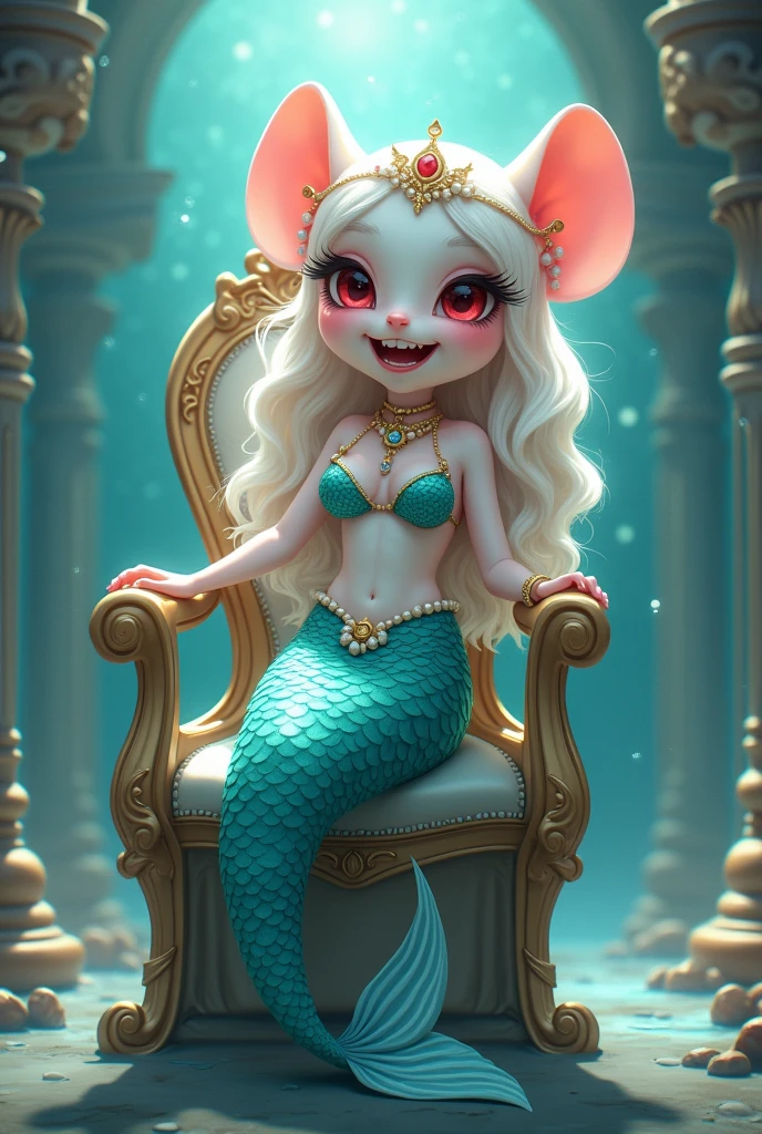 (best quality,4k,8k,highres,masterpiece:1.2),ultra-detailed, drawn in anime style, Pretty anthropomorphic albino mouse girl magically transformed into a beautiful mermaid princess, race swap, fantastic transformation, sharp teeth, beautifully detailed lips with lipstick, she’s smiling, steampunk, fishlike, wet body, very long curly white hair adorned with hair accessories, red eyes with long eyelashes, white fur, slim body, red manicured nails, whiskers, mouse ears with pearls earrings hanging from them, long mermaid tail below waistline with shimmering cyan fish scales, pelvic and dorsal fins, a pair of fish gills on her torso, highly detailed seashell bra with intricate patterns, pearl and gold bracelets, pearl necklace, tiara made of seashells, cute princess dress, physically-based rendering,gorgeous frilly dress design,flowing gown,elaborate lace details,rich textures,contrast stitching,delicate ribbon bows,fish scale accents, translucent skirt,fitted waistline,lace-up back,luxurious fabrics,flawless silhouette, joyful expression, sparkling water, water reflections, ethereal atmosphere, subtle glow, whimsical and enchanting, sitting gracefully on a throne chair, underwater castle interior, intricately decorated throne room, magical underwater lighting, vivid colors, breathing underwater, endless ocean depths, light filtering through the water, Highly detailed, masterpiece, high quality, 4K.