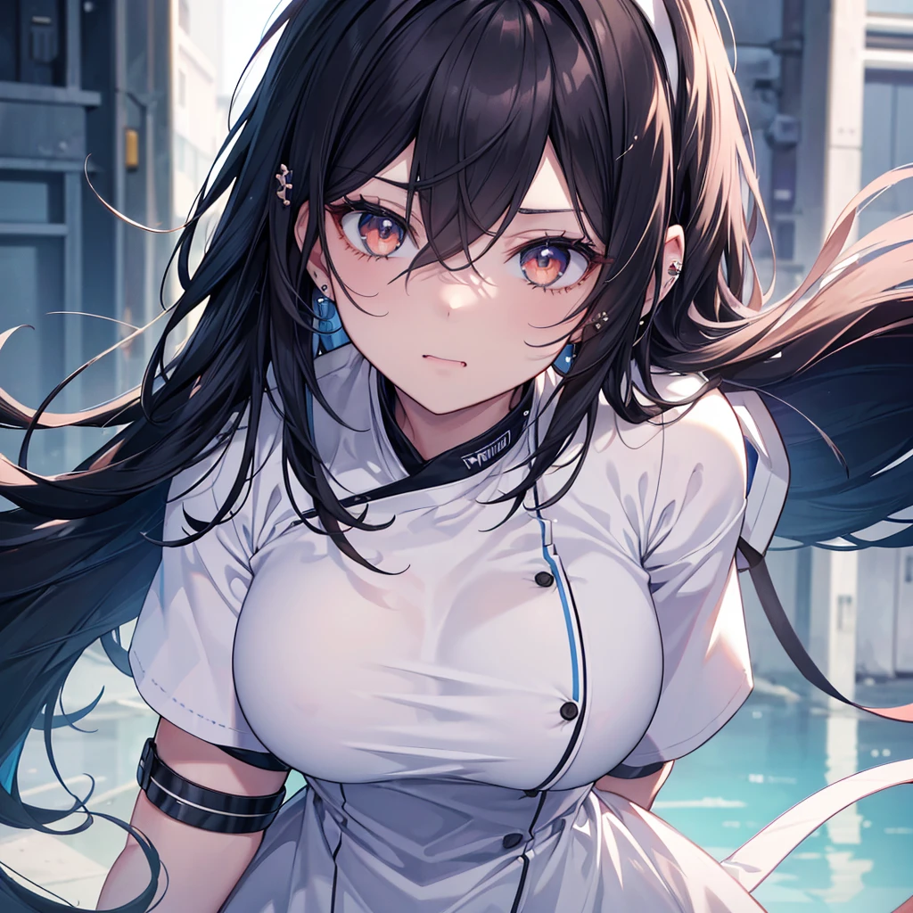 White or pale blue scrub clothing, a nurse aide with long dark hair, piercing gaze, and a stern expression, full body view, high resolution, detailed, anime-style illustration, beautiful black hair, almond-shaped eyes, brown eyes, looking down with an intense, psychotic demeanor, large breasts, no piercings, (best quality,4k,8k,highres,masterpiece:1.2),ultra-detailed,(realistic,photorealistic,photo-realistic:1.37), Background White, cute fang,