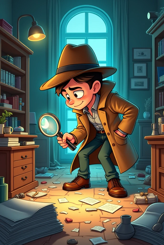 Picture of a clever and hidden detective human young man of 28 years of age cartoon at a crime scene where the room is become a mess and everything is fallen around and he is using his magnifying glass to search for clues