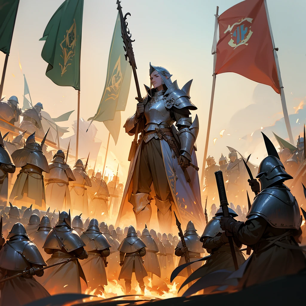 The heavily armored Elven army marches in tight formation with raised banners across the burning fields.