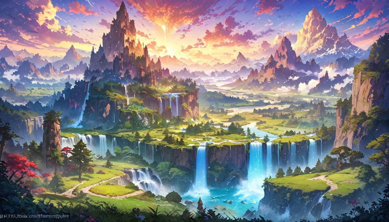 Mountain with a waterfall and some trees in the foreground々, Impressive and fantastic scenery, an Magnificent scenery, Fantasy painting,Lovely, Fantasy art landscape, most Magnificent scenery, 4k HD matte digital, Epic fantasy landscapes, 4K High Definition Digital Art, Epic dreamlike fantasy landscape, Magnificent scenery, 4K Matte Paint, Ross Chen. Landscape background