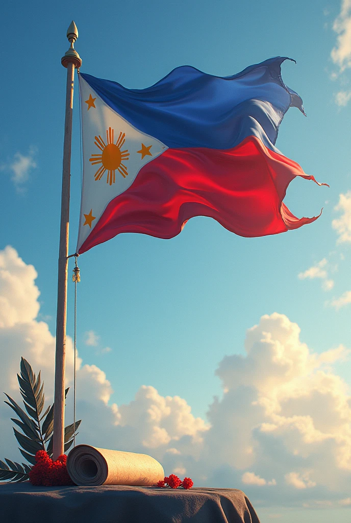 Philippine flag raised in the sky with a feather and ink and a scroll below