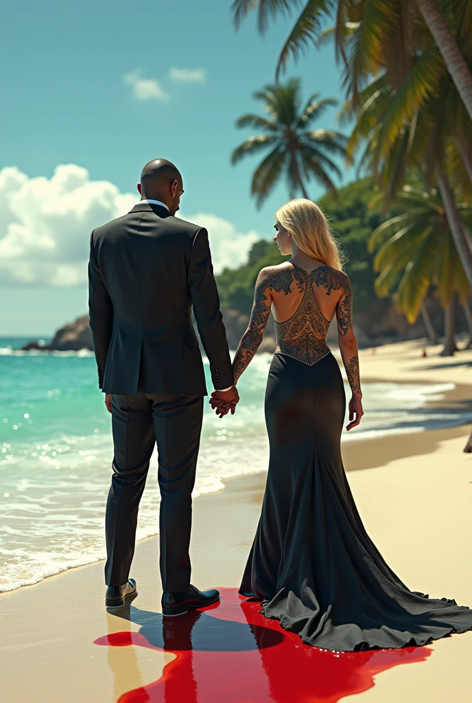 beach, palmiers, Blood Trail.
At the water's edge A tattooed black man, and a blonde woman with polynesian tattoos, en tenue de soiree, fingers, se donnant la main