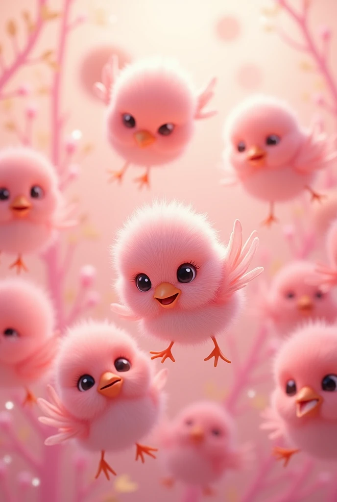 HD images, animation of pink birds, soft hair, cute faces