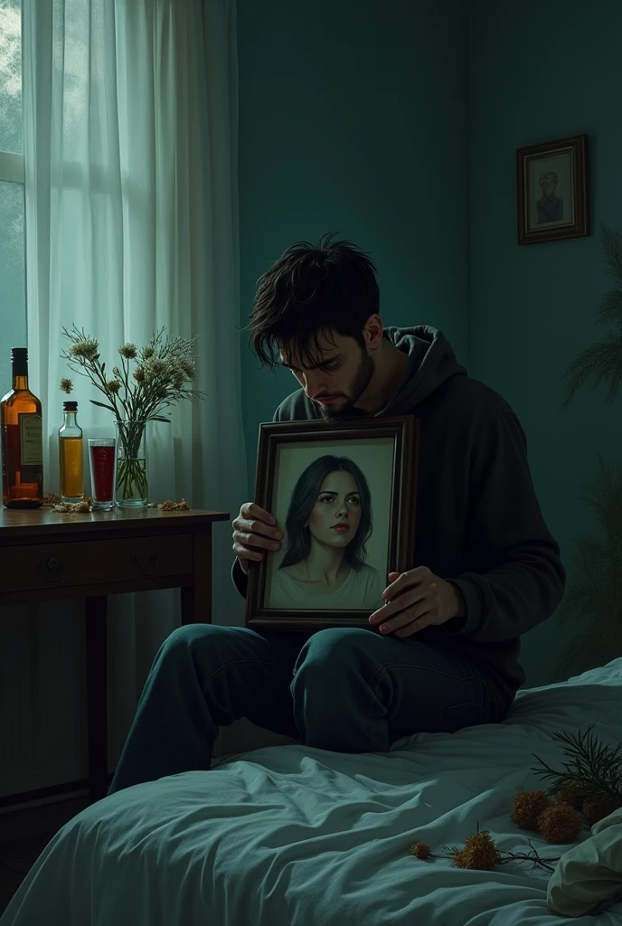 Man sitting on edge of bed, Portrait in hand, sad, melancholy, Sobbing, Remember, To the woman who is gone forever, To ease one&#39;s sorrows (A few bottles of alcohol), Drugs are visible everywhere, a room somewhat dark, dark, Sober, I want to die to be with her, The moonlight shines in faintly, Illuminate some spaces in the room, There are some withered flowers on the dressing table that he didn&#39;t deliver..