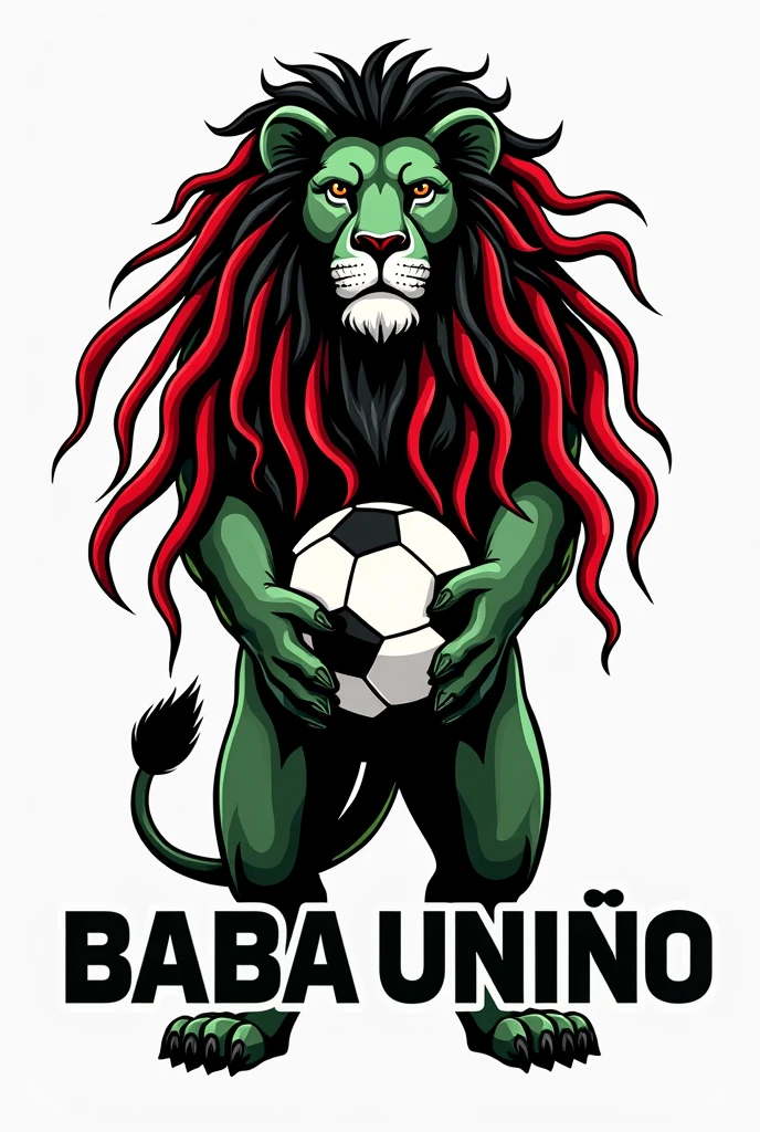 create a logo of a black and white lion with large Bob Marley dreadlocks in red and green colors standing holding a football and the name BABA UNIÃO written very large