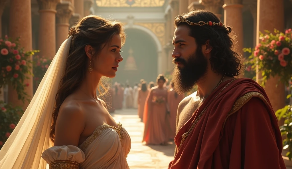a greek beautiful goddess talking to a young greek Shepherd with beard with a little masculine body standing in a wedding background where a few renaissance , cinematic