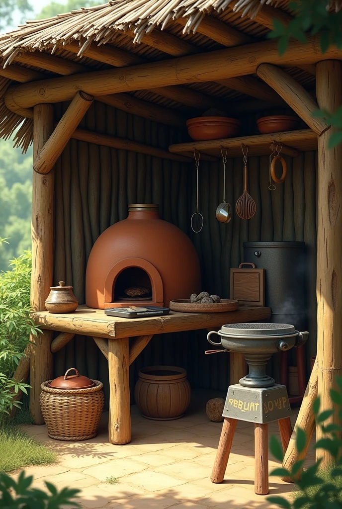 A very simple outdoor abuhan with a small clay oven, grill, wood fueled stove on the side beside the grill



