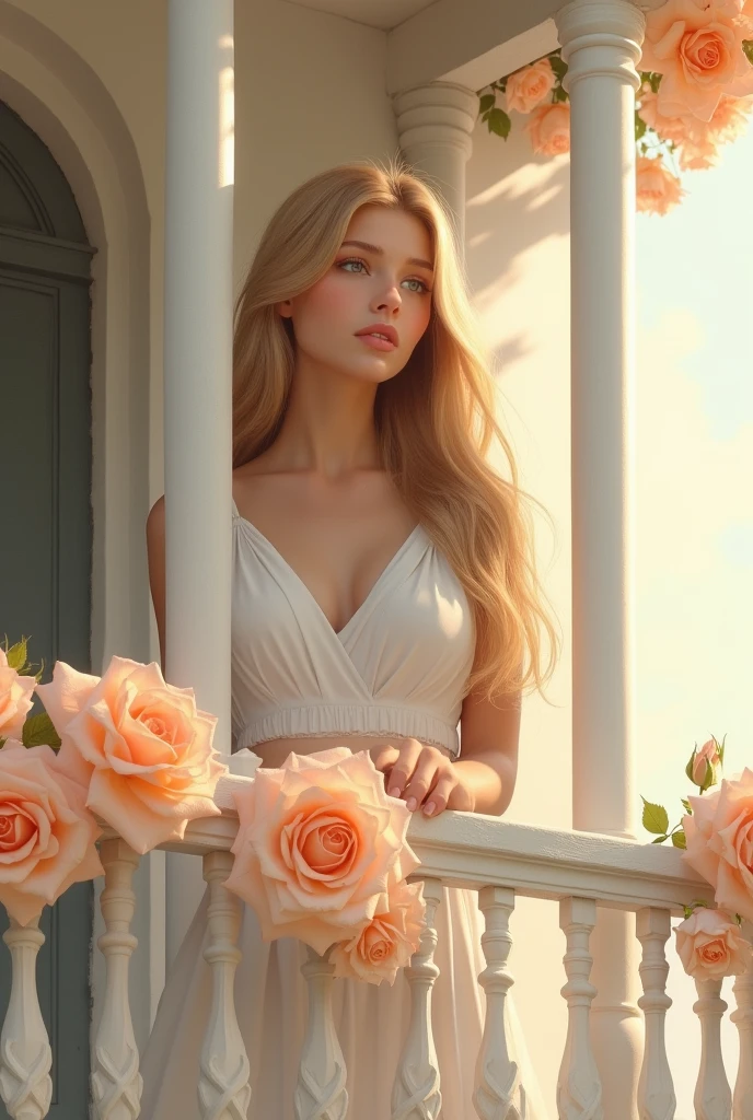On the balcony, a beautiful young woman of twenty stands with an air of quiet anticipation. Her fair complexion contrasts gracefully with her straight, long blond hair that cascades past her shoulders. She gazes intently through the white railings adorned with peach-colored roses, her expression a mix of hope and patience as she waits for someone. The gentle breeze plays with her hair, adding a touch of serenity to the scene.