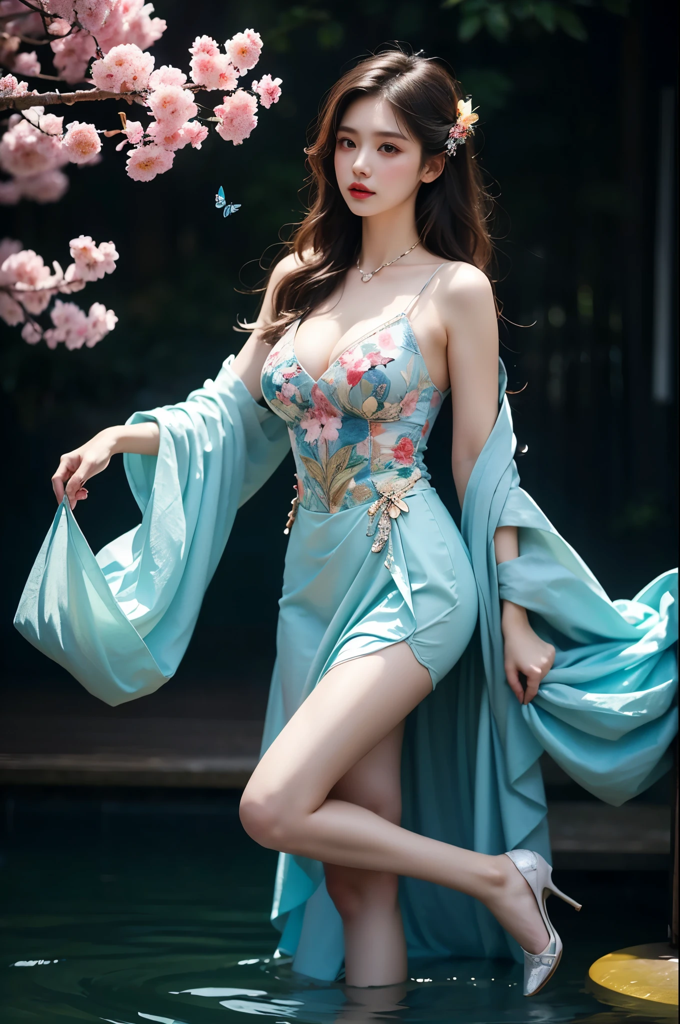 Beautiful dance, She gently lifted her skirt with one hand, Long legs , In the swimming pool, ((Flowing long hair))Official Art , Unity8k Wallpaper , Extremely detailed , Visible cleavage, Pretty and beautiful , 性感Long legs, masterpiece , best quality ,Practical, Very detailed illustrations ,Extremely detailed , Intricate details , Extremely complex and detailed , Very detailed 8KCG wallpaper , Caustics .reflection , Ray Tracing , Devil theme ,nebula ,Dark aura, Network Effects , (1 girl)solitary , 小蓝Butterfly , There are dozens of monarch butterflies around , (Blue plasma flame , (insect , Butterfly)) Pastel tones in Rococo style ,Light white and light dark red , Incredibly beautiful , Cherry blossoms , Surrealism ,painting , Ethereal , Mixing reality and fantasy elements ,Ray Tracing , Complex Mode , Exquisite lines , Perfect your hands, Starry Sky , rich and colorful , Star