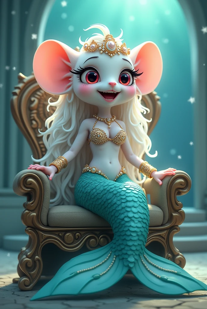 (best quality,4k,8k,highres,masterpiece:1.2),ultra-detailed, drawn in anime style, Pretty anthropomorphic albino mouse girl magically transformed into a beautiful mermaid princess, race swap, fantastic transformation, sharp teeth, beautifully detailed lips with lipstick, she’s smiling, steampunk, fishlike, wet body, very long curly white hair adorned with hair accessories, red eyes with long eyelashes, white fur, slim body, red manicured nails, whiskers, mouse ears with pearls earrings hanging from them, long mermaid tail below waistline with shimmering cyan fish scales, pelvic and dorsal fins, a pair of fish gills on her torso, highly detailed seashell bra with intricate patterns, pearl and gold bracelets, pearl necklace, tiara made of seashells, cute princess dress, physically-based rendering,gorgeous frilly dress design,flowing gown,elaborate lace details,rich textures,contrast stitching,delicate ribbon bows,fish scale accents, translucent skirt,fitted waistline,lace-up back,luxurious fabrics,flawless silhouette, joyful expression, sparkling water, water reflections, ethereal atmosphere, subtle glow, whimsical and enchanting, sitting gracefully on a throne chair, underwater castle interior, intricately decorated throne room, magical underwater lighting, vivid colors, breathing underwater, endless ocean depths, light filtering through the water, Highly detailed, masterpiece, high quality, 4K.