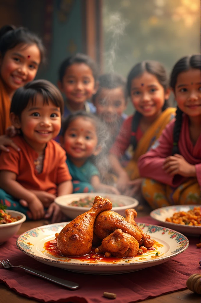 Make a picture of nepali people eating chicken leg piece