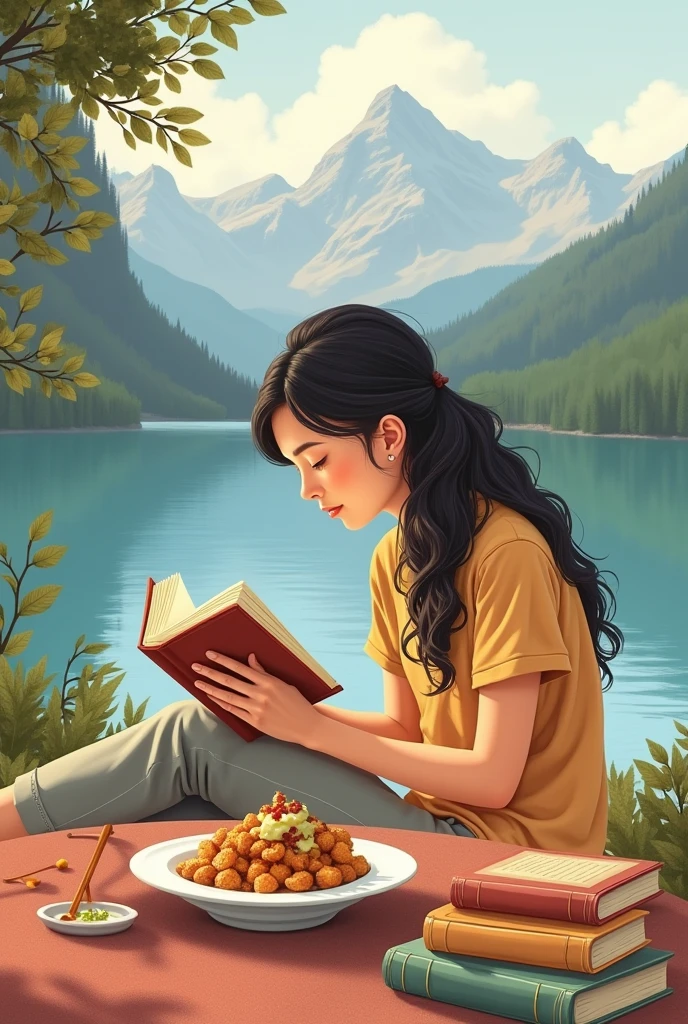 Taste with books、A memorable view and a dish Image illustration Use as icon