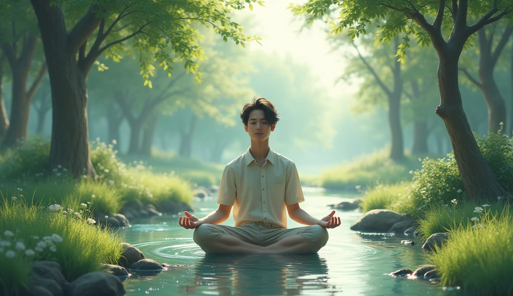 Hiro is shown in a meditative pose by the stream, eyes closed, with a peaceful expression. The scenery around him is calm and harmonious, symbolizing his inner peace.
Show a young man in a meditative pose by a flowing stream, with a peaceful expression. The background is serene, with a flowing stream, green grass, and trees swaying gently in the breeze. The atmosphere is calm and harmonious