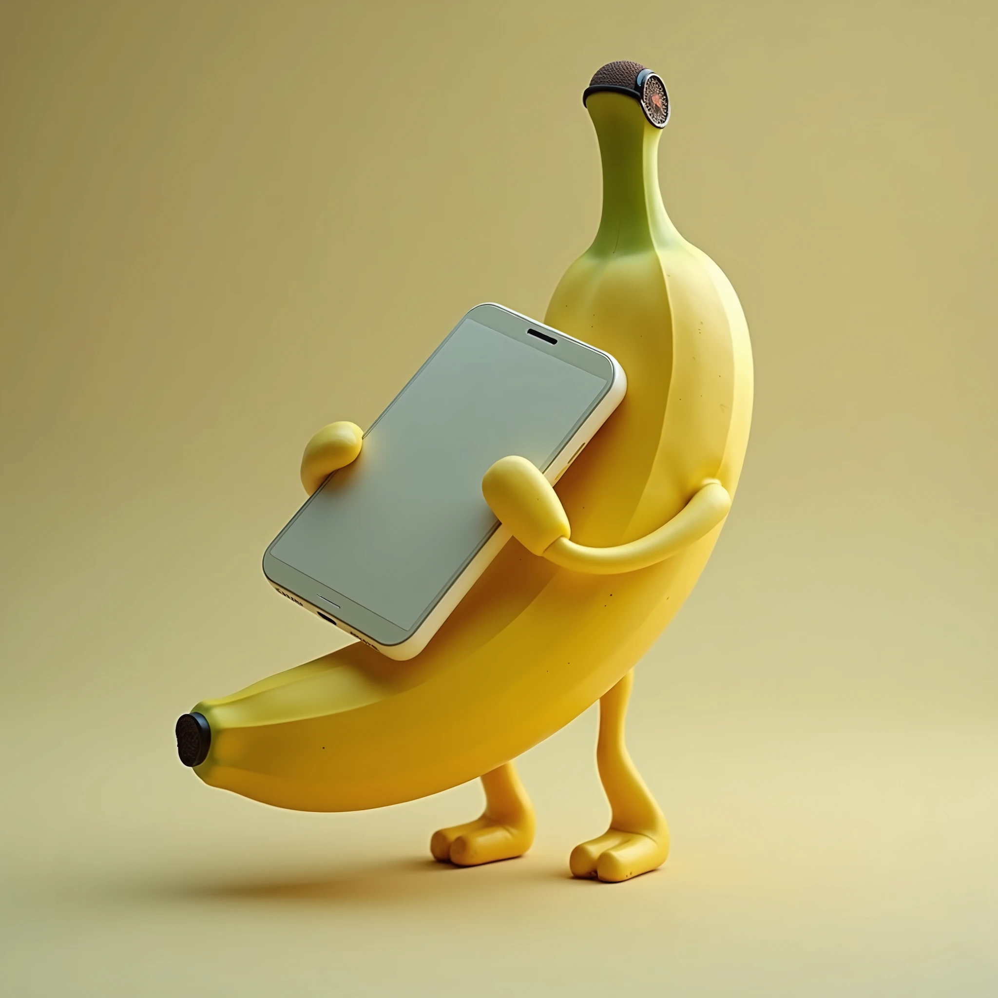 "Create a satirical banana phone that blatantly fuses the shape of a banana with the unmistakable features of a modern smartphone. The banana should retain its bright yellow peel, but with a large, rectangular touchscreen awkwardly slapped onto the middle of the curve, looking almost too obvious. The camera should be humorously oversized, protruding from where the stem would be, making it clear that this is a phone trying too hard to be a banana. The bottom of the banana should feature a large, visible charging port and speaker holes, contrasting with the natural fruit shape. The overall design should be a comical exaggeration, making it obvious that it’s both a banana and a phone, poking fun at the idea of combining the two."