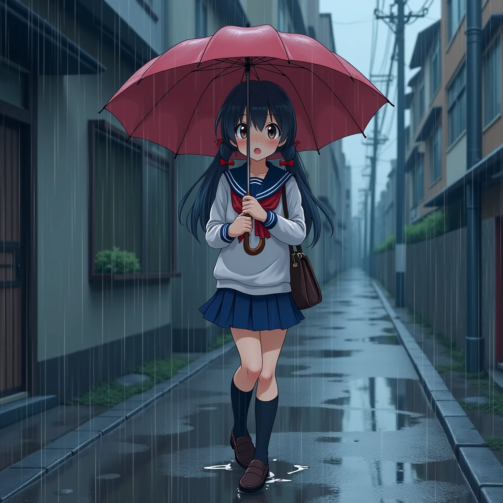 Anime Style, A girl walking, Holding an umbrella, Surprised expression,
The girl is wearing a white sailor suit with short sleeves and a navy collar, with a blue ribbon., Wearing a navy blue skirt,
Wearing black high socks, Wearing loafers.
Her hair is very long and black, with low twin tails and red ribbons..
Not high pigtails, Not half-up,
Open red umbrella, Dark brown school bag,
Late teens, Small breasts, Has dark brown eyes.
puddle, Sidewalk, pavement, Japan roads, Tokyo, Town, building, Apartment,
Very heavy rain, Outdoor, evening, from front.