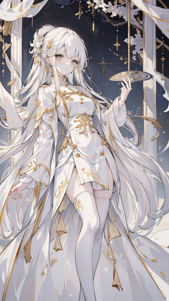 (best quality, High resolution, Super detailed:1.2), beautiful long white hair, Stunning golden eyes, Beautifully designed white folding fan, Bailongjiao, elegant lights, pastel color palette，White military uniform and gold trench coat，white stockings