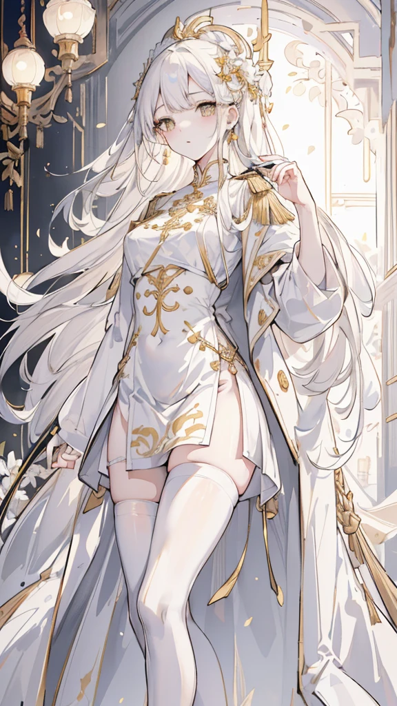 (best quality, High resolution, Super detailed:1.2), beautiful long white hair, Stunning golden eyes, Beautifully designed white folding fan, Bailongjiao, elegant lights, pastel color palette，White military uniform and gold trench coat，white stockings