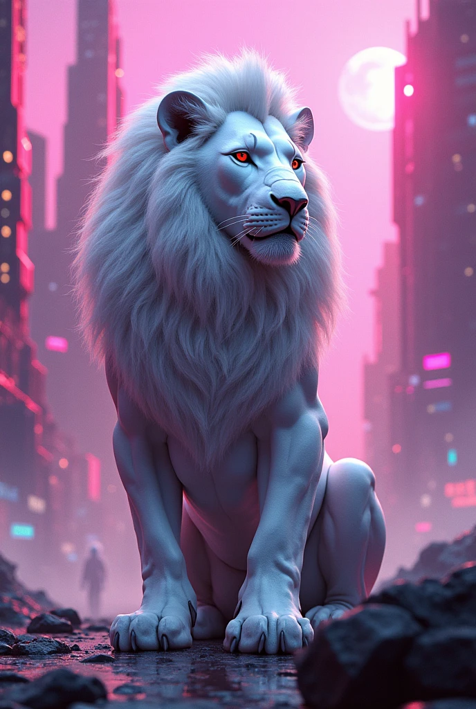 A lion in a white glossy coustiom sitting in the neon cyberpunk city with pink and purple light 

