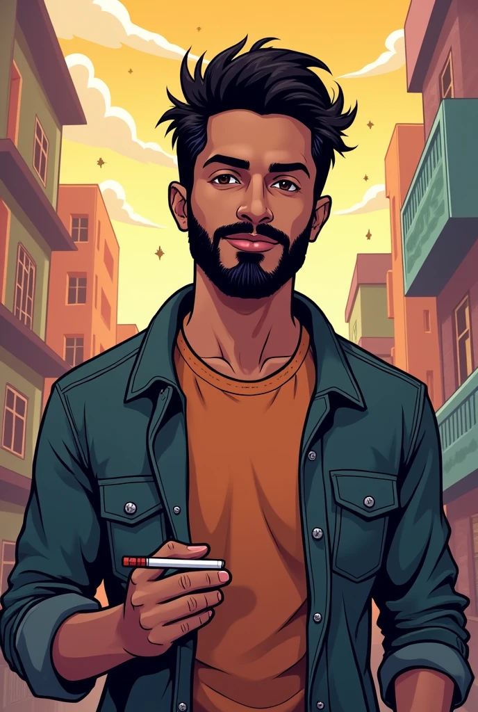 So, generate a cartoonise image of indian boy with black+brown skin ton and beard like tony stark having a cigirette in his hand
